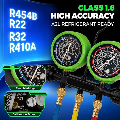 مجموعة قياسات HVAC المتعددة مع خراطيم 5 أقدام، (PSI ° F) متوافقة مع A2L، تناسب مبرد R32 R454B R410A R22، قرص دقيق للضغط ودرجة الحرارة، جسم نحاسي مزخرف بصمام إبرة in Kuwait