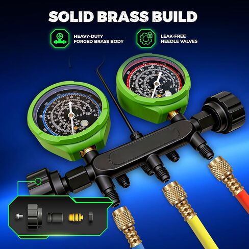 مجموعة قياسات HVAC المتعددة مع خراطيم 5 أقدام، (PSI ° F) متوافقة مع A2L، تناسب مبرد R32 R454B R410A R22، قرص دقيق للضغط ودرجة الحرارة، جسم نحاسي مزخرف بصمام إبرة in Kuwait