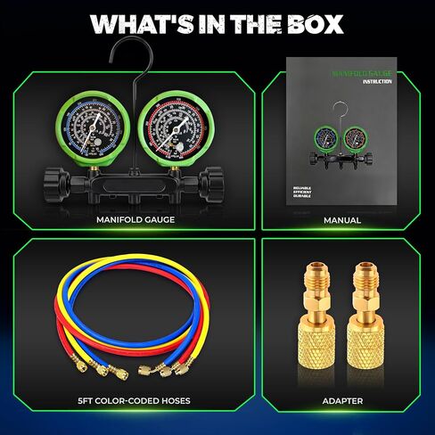 مجموعة قياسات HVAC المتعددة مع خراطيم 5 أقدام، (PSI ° F) متوافقة مع A2L، تناسب مبرد R32 R454B R410A R22، قرص دقيق للضغط ودرجة الحرارة، جسم نحاسي مزخرف بصمام إبرة in Kuwait