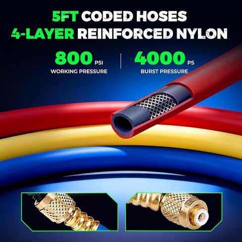 مجموعة قياسات HVAC المتعددة مع خراطيم 5 أقدام، (PSI ° F) متوافقة مع A2L، تناسب مبرد R32 R454B R410A R22، قرص دقيق للضغط ودرجة الحرارة، جسم نحاسي مزخرف بصمام إبرة in Kuwait