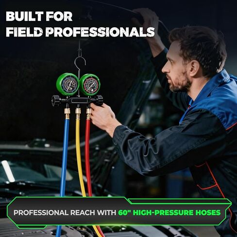 مجموعة قياسات HVAC المتعددة مع خراطيم 5 أقدام، (PSI ° F) متوافقة مع A2L، تناسب مبرد R32 R454B R410A R22، قرص دقيق للضغط ودرجة الحرارة، جسم نحاسي مزخرف بصمام إبرة in Kuwait