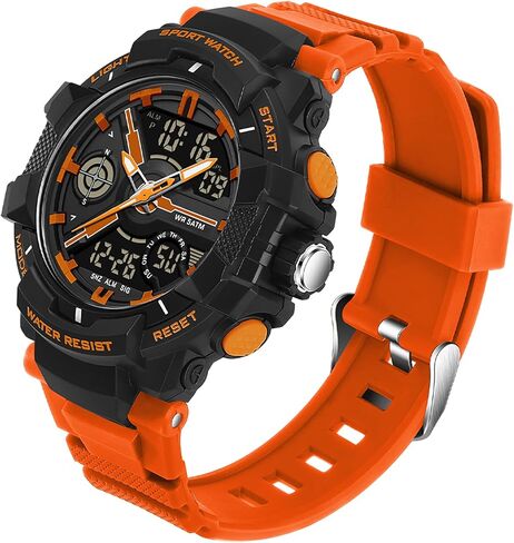 Men's Colorful Watches Sports Outdoor Waterproof Big Face Watch for Men with LED Alarm Date Dual Dial Time Stopwatch Orange in Saudi Arabia