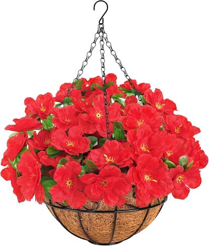 Ouddy Decor Artificial Hanging Flowers with Basket, Silk Azalea Flowers in Coconut Basket, Fake Hanging Plants Artificial Decor for Outdoor Indoor Yard Garden Patio Home Room Porch Decor (Fuchsia) in Saudi Arabia