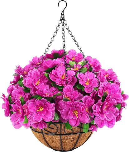 Ouddy Decor Artificial Hanging Flowers with Basket, Silk Azalea Flowers in Coconut Basket, Fake Hanging Plants Artificial Decor for Outdoor Indoor Yard Garden Patio Home Room Porch Decor (Fuchsia) in Saudi Arabia