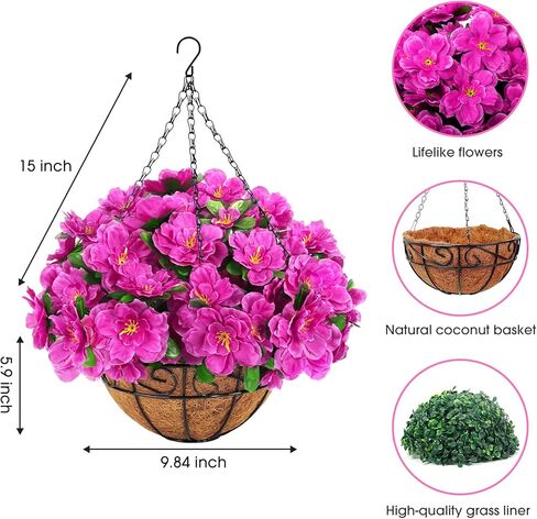 Ouddy Decor Artificial Hanging Flowers with Basket, Silk Azalea Flowers in Coconut Basket, Fake Hanging Plants Artificial Decor for Outdoor Indoor Yard Garden Patio Home Room Porch Decor (Fuchsia) in Saudi Arabia