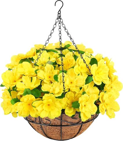 Ouddy Decor Artificial Hanging Flowers with Basket, Silk Azalea Flowers in Coconut Basket, Fake Hanging Plants Artificial Decor for Outdoor Indoor Yard Garden Patio Home Room Porch Decor (Fuchsia) in Saudi Arabia