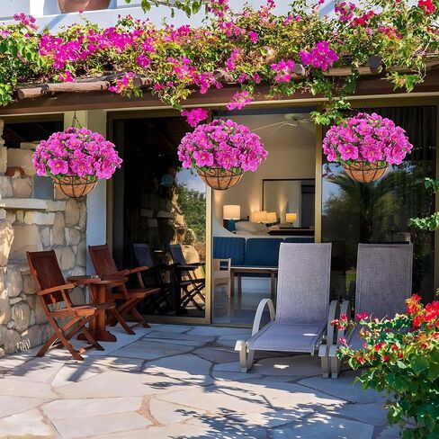 Ouddy Decor Artificial Hanging Flowers with Basket, Silk Azalea Flowers in Coconut Basket, Fake Hanging Plants Artificial Decor for Outdoor Indoor Yard Garden Patio Home Room Porch Decor (Fuchsia) in Saudi Arabia