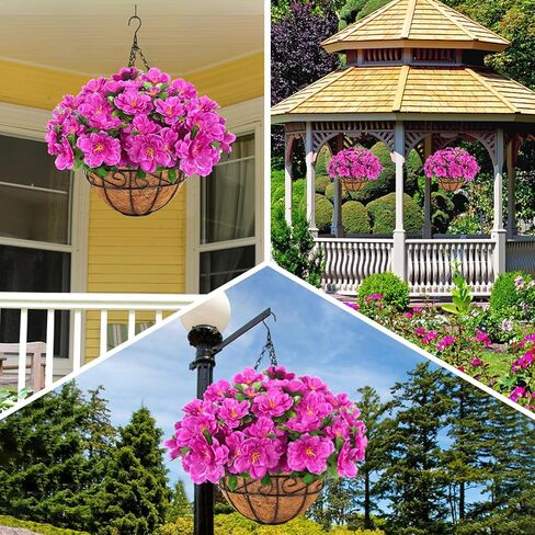 Ouddy Decor Artificial Hanging Flowers with Basket, Silk Azalea Flowers in Coconut Basket, Fake Hanging Plants Artificial Decor for Outdoor Indoor Yard Garden Patio Home Room Porch Decor (Fuchsia) in Saudi Arabia