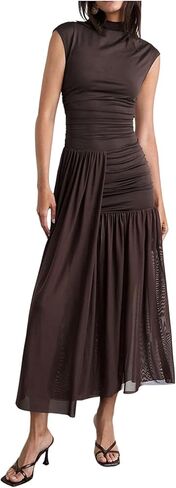 Milumia Women's Ruched Mock Neck Cap Sleeve Mesh Dress Layered Side Slit Long Party Dresses in Saudi Arabia