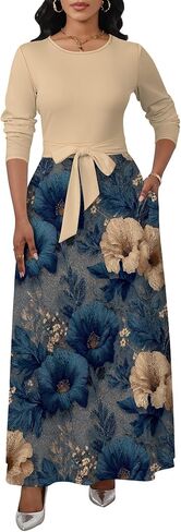 PinkPatty Plus Size Dress for Women Casual Long Sleeve Maxi Dress Crew Neck Tie Waist Elegant Dresses with Belt in Kuwait