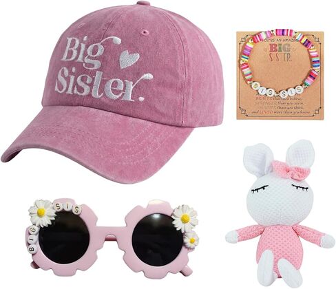 مجموعة هدايا الأخت الكبرى للفتيات - سوار، قبعة، نظارات شمسية، زينة للفتيات الصغيرات، أفضل هدية جديدة للأخوة، يتم ترقيتها إلى الأخت in Kuwait