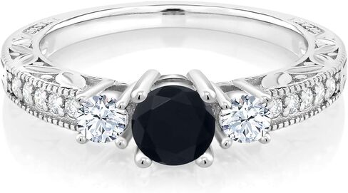 Gem Stone King 925 Sterling Silver Black Onyx and White Created Sapphire 3-Stone Ring For Women | 0.87 Cttw | Gemstone Birthstone | Wedding Engagement Anniversary Promise Ring For Women in Kuwait