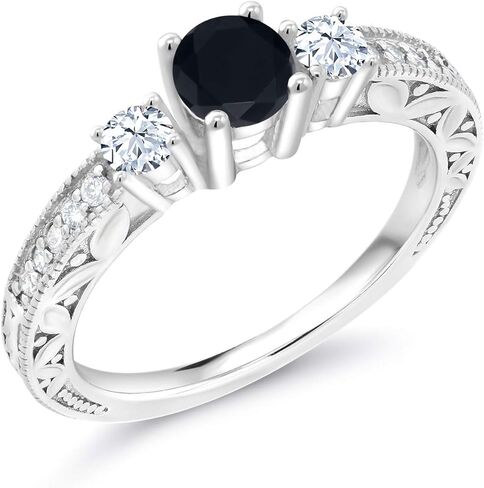 Gem Stone King 925 Sterling Silver Black Onyx and White Created Sapphire 3-Stone Ring For Women | 0.87 Cttw | Gemstone Birthstone | Wedding Engagement Anniversary Promise Ring For Women in Kuwait