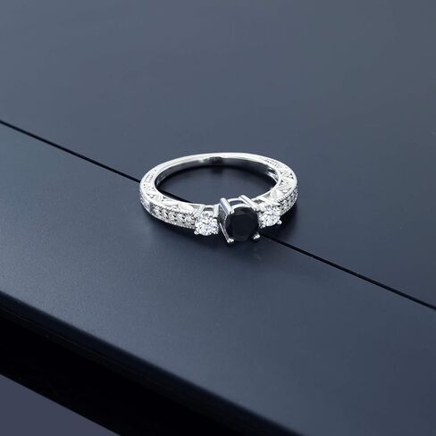 Gem Stone King 925 Sterling Silver Black Onyx and White Created Sapphire 3-Stone Ring For Women | 0.87 Cttw | Gemstone Birthstone | Wedding Engagement Anniversary Promise Ring For Women in Kuwait