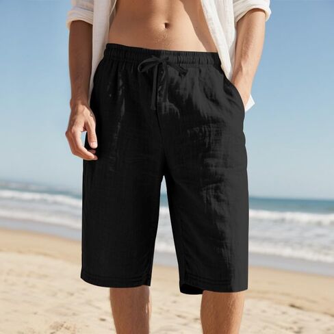 Men's Casual Summer Linen Shorts Classic Fit 7 Inch Inseam Elastic Waist Drawstring Shorts with Pockets in Saudi Arabia