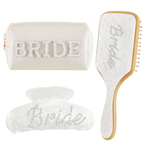 مجموعة هدايا العروس لتكون مكونة من 3 قطع، حقيبة مكياج العروس، فرشاة شعر مخلب، مشبك شعر لحفلات الزفاف والخطوبة، وإكسسوارات حفلات الزفاف وحفلات العزوبية in Kuwait