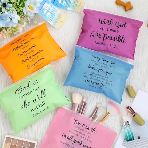 Kacctyen 100 Pcs Christian Gifts for Women Bulk Religious Bible Verse Makeup Cosmetic Bag Bulk Church Inspirational Gift Plastic Toiletry Bag Travel Purse for Mother's Day Teacher 8" x 6" in Saudi Arabia