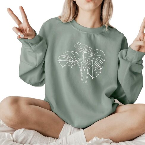 Verita Culture Monstera Plant Flower botanical plant Women's Long Sleeve Crewneck Sweatshirt flower Print Graphic Shirts Pullover Tops Sage in Kuwait