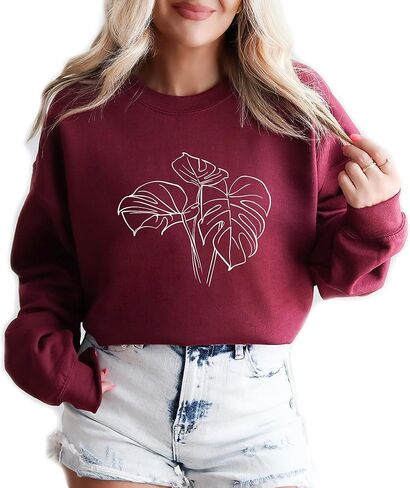 Verita Culture Monstera Plant Flower botanical plant Women's Long Sleeve Crewneck Sweatshirt flower Print Graphic Shirts Pullover Tops Sage in Kuwait