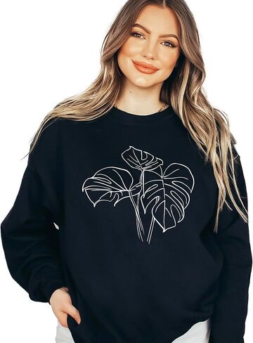 Verita Culture Monstera Plant Flower botanical plant Women's Long Sleeve Crewneck Sweatshirt flower Print Graphic Shirts Pullover Tops Sage in Kuwait