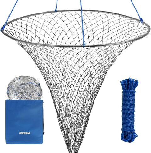 QualyQualy Large Bridge and Pier Fishing Net 32''/39'' Hoop, Foldable Drop Net Pier Fishing for Saltwater with Rope, Landing Net with Nylon Mesh, Collapsible Soft Steel Ring in Kuwait