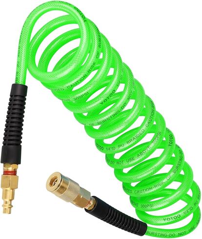 YOTOO Reinforced Polyurethane Recoil Air Hose 1/4" Inner Diameter by 10' Long, Heavy Duty, Flexible Air Compressor Hose with Bend Restrictor, 1/4" Swivel Industrial Quick Coupler and Plug, Green in Kuwait
