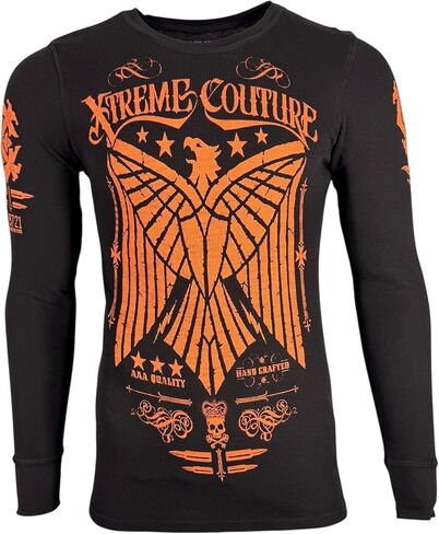 قميص حراري Xtreme Couture من Affliction للرجال، كم طويل، رسومات سوداء وبرتقالية، تصميم N.8721 in Kuwait