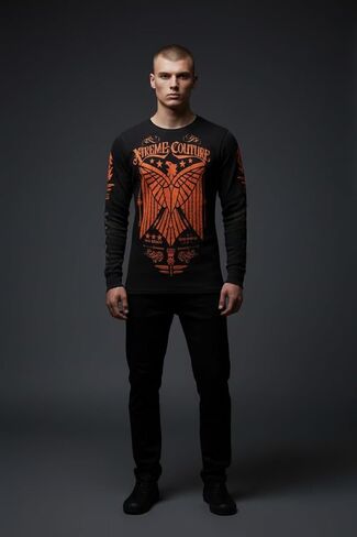 Xtreme Couture by Affliction Men's Thermal Shirt Connect, Long Sleeve, Black, Orange Graphics, N.8721 Design in Saudi Arabia