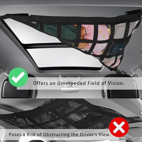 شبكة شحن سقف السيارة لسيارات الدفع الرباعي والشاحنات - منظم تخزين علوي مع 3 مقابض، رف سقف مزدوج الطبقة، يناسب Ford F150/Jeep/CRV/RAV4، أسود، ملحقات معدات التخييم ورحلات الطريق (1) in Kuwait