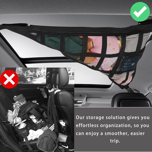 شبكة شحن سقف السيارة لسيارات الدفع الرباعي والشاحنات - منظم تخزين علوي مع 3 مقابض، رف سقف مزدوج الطبقة، يناسب Ford F150/Jeep/CRV/RAV4، أسود، ملحقات معدات التخييم ورحلات الطريق (1) in Kuwait