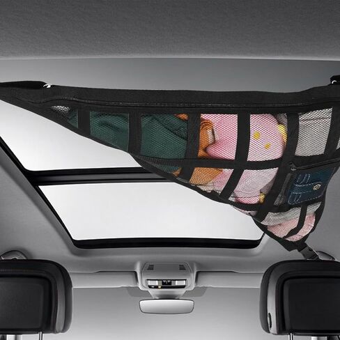 شبكة شحن سقف السيارة لسيارات الدفع الرباعي والشاحنات - منظم تخزين علوي مع 3 مقابض، رف سقف مزدوج الطبقة، يناسب Ford F150/Jeep/CRV/RAV4، أسود، ملحقات معدات التخييم ورحلات الطريق (1) in Kuwait