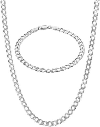 KISPER Italian 925 Sterling Silver 5mm Curb Cuban Link Chain Necklace & Solid Diamond-Cut Cuban Link Curb Chain Bracelet Set - 18" Necklace & 7" Bracelet - Made in Italy in Saudi Arabia