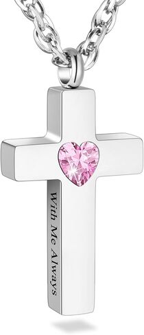 قلادة متقاطعة من SOITIS للرماد، حامل رماد قلادة فضية متقاطعة، مجوهرات تذكارية من الفولاذ المقاوم للصدأ مع حجر الميلاد - معي دائمًا in Kuwait