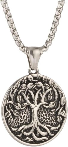 Men'S And Women'S Retro Tree Of Life Round Pendant Necklace, 316L Stainless Steel, Silver Stainless Steel Square Pearl Chain, Vintage Amulet Jewelry Gift in Saudi Arabia