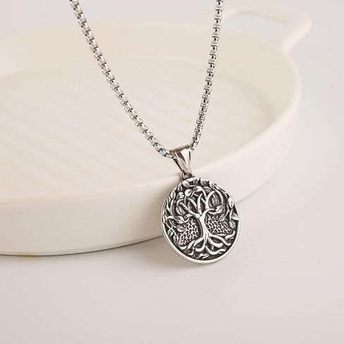 Men'S And Women'S Retro Tree Of Life Round Pendant Necklace, 316L Stainless Steel, Silver Stainless Steel Square Pearl Chain, Vintage Amulet Jewelry Gift in Saudi Arabia