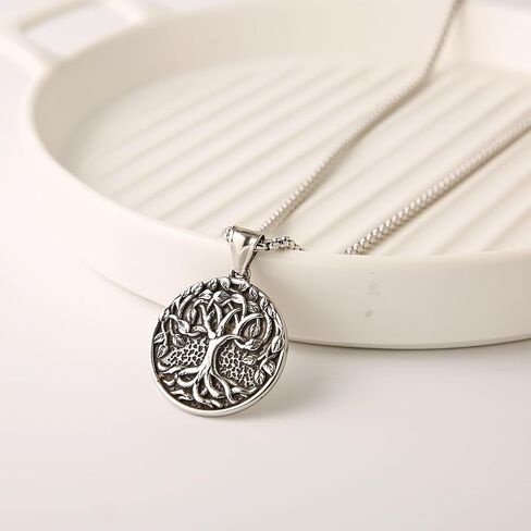 Men'S And Women'S Retro Tree Of Life Round Pendant Necklace, 316L Stainless Steel, Silver Stainless Steel Square Pearl Chain, Vintage Amulet Jewelry Gift in Saudi Arabia
