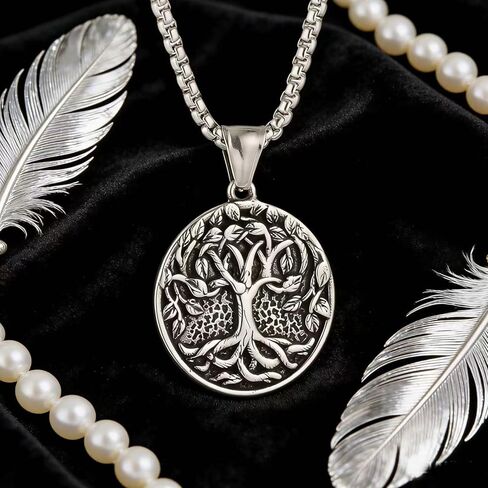 Men'S And Women'S Retro Tree Of Life Round Pendant Necklace, 316L Stainless Steel, Silver Stainless Steel Square Pearl Chain, Vintage Amulet Jewelry Gift in Saudi Arabia
