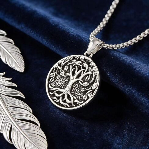 Men'S And Women'S Retro Tree Of Life Round Pendant Necklace, 316L Stainless Steel, Silver Stainless Steel Square Pearl Chain, Vintage Amulet Jewelry Gift in Saudi Arabia