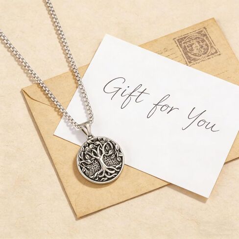 Men'S And Women'S Retro Tree Of Life Round Pendant Necklace, 316L Stainless Steel, Silver Stainless Steel Square Pearl Chain, Vintage Amulet Jewelry Gift in Saudi Arabia