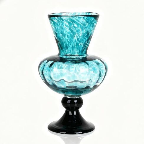 مزهرية زجاجية باللون الأزرق المخضر يدويًا - مزهرية زجاجية فنية مقاس 11 بوصة مع فم واسع للزهور - مزهرية ديكور ساحلية حديثة لغرفة المعيشة أو المدخل أو طاولة المطبخ أو القطعة المركزية للمكتب in Kuwait