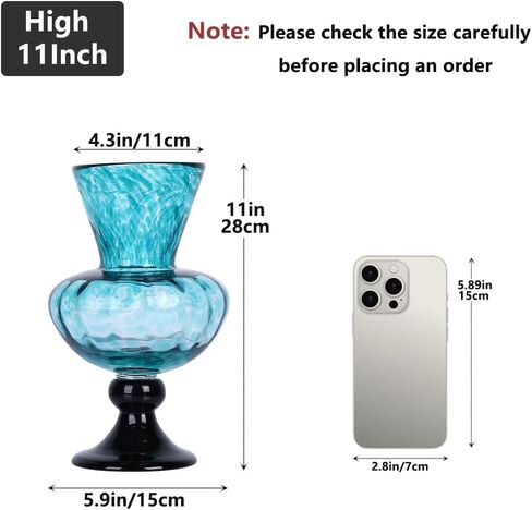 مزهرية زجاجية باللون الأزرق المخضر يدويًا - مزهرية زجاجية فنية مقاس 11 بوصة مع فم واسع للزهور - مزهرية ديكور ساحلية حديثة لغرفة المعيشة أو المدخل أو طاولة المطبخ أو القطعة المركزية للمكتب in Kuwait