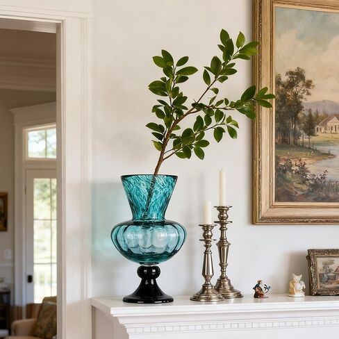 مزهرية زجاجية باللون الأزرق المخضر يدويًا - مزهرية زجاجية فنية مقاس 11 بوصة مع فم واسع للزهور - مزهرية ديكور ساحلية حديثة لغرفة المعيشة أو المدخل أو طاولة المطبخ أو القطعة المركزية للمكتب in Kuwait
