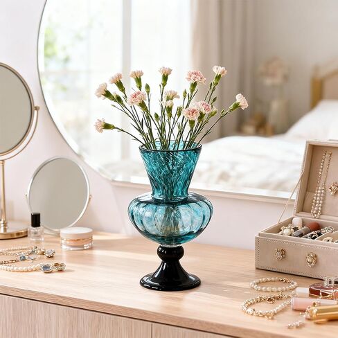 مزهرية زجاجية باللون الأزرق المخضر يدويًا - مزهرية زجاجية فنية مقاس 11 بوصة مع فم واسع للزهور - مزهرية ديكور ساحلية حديثة لغرفة المعيشة أو المدخل أو طاولة المطبخ أو القطعة المركزية للمكتب in Kuwait