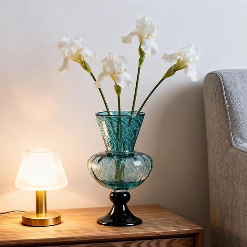 مزهرية زجاجية باللون الأزرق المخضر يدويًا - مزهرية زجاجية فنية مقاس 11 بوصة مع فم واسع للزهور - مزهرية ديكور ساحلية حديثة لغرفة المعيشة أو المدخل أو طاولة المطبخ أو القطعة المركزية للمكتب in Kuwait