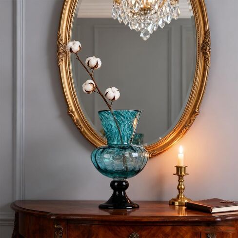 مزهرية زجاجية باللون الأزرق المخضر يدويًا - مزهرية زجاجية فنية مقاس 11 بوصة مع فم واسع للزهور - مزهرية ديكور ساحلية حديثة لغرفة المعيشة أو المدخل أو طاولة المطبخ أو القطعة المركزية للمكتب in Kuwait