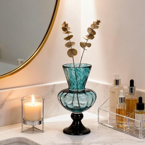 مزهرية زجاجية باللون الأزرق المخضر يدويًا - مزهرية زجاجية فنية مقاس 11 بوصة مع فم واسع للزهور - مزهرية ديكور ساحلية حديثة لغرفة المعيشة أو المدخل أو طاولة المطبخ أو القطعة المركزية للمكتب in Kuwait