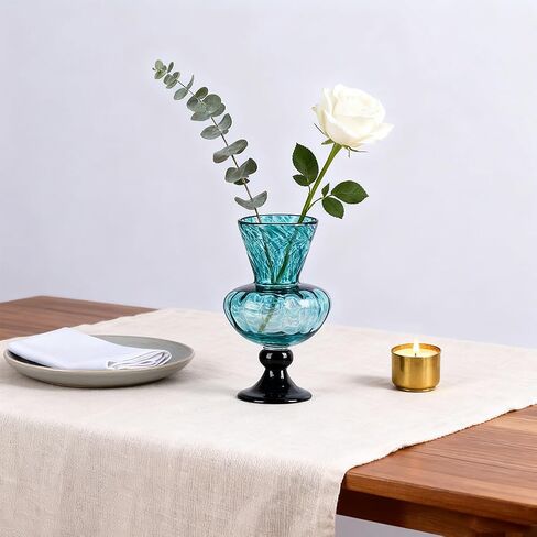 مزهرية زجاجية باللون الأزرق المخضر يدويًا - مزهرية زجاجية فنية مقاس 11 بوصة مع فم واسع للزهور - مزهرية ديكور ساحلية حديثة لغرفة المعيشة أو المدخل أو طاولة المطبخ أو القطعة المركزية للمكتب in Kuwait