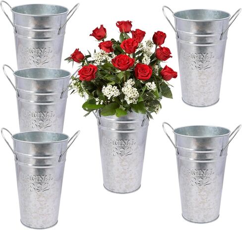 6 Packs 8 Inch Tall Galvanized Metal Flower Vases with Handles, Metal Flower Buckets for Cut Flowers, Country Wedding, Table Centerpiece Decorations(Sliver) in Kuwait