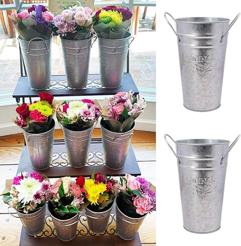 6 Packs 8 Inch Tall Galvanized Metal Flower Vases with Handles, Metal Flower Buckets for Cut Flowers, Country Wedding, Table Centerpiece Decorations(Sliver) in Kuwait