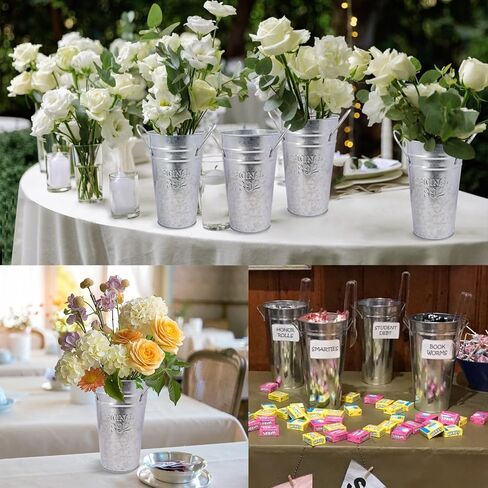 6 Packs 8 Inch Tall Galvanized Metal Flower Vases with Handles, Metal Flower Buckets for Cut Flowers, Country Wedding, Table Centerpiece Decorations(Sliver) in Kuwait